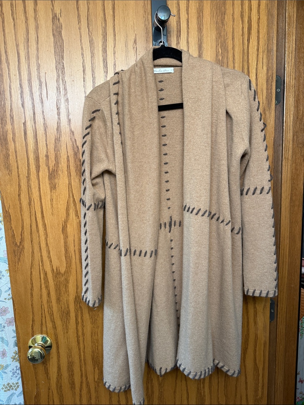 Open-Front Camel Cardigan with Contrast Stitching